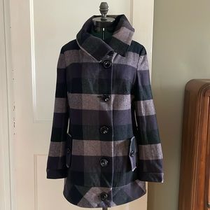 Anthropologie purple & grey buffalo plaid button front coat size 6